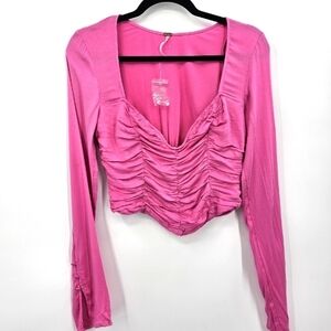 Free People Pink Ruched Long Sleeve Cropped Top | Retro Feminine Vibes | Size XS